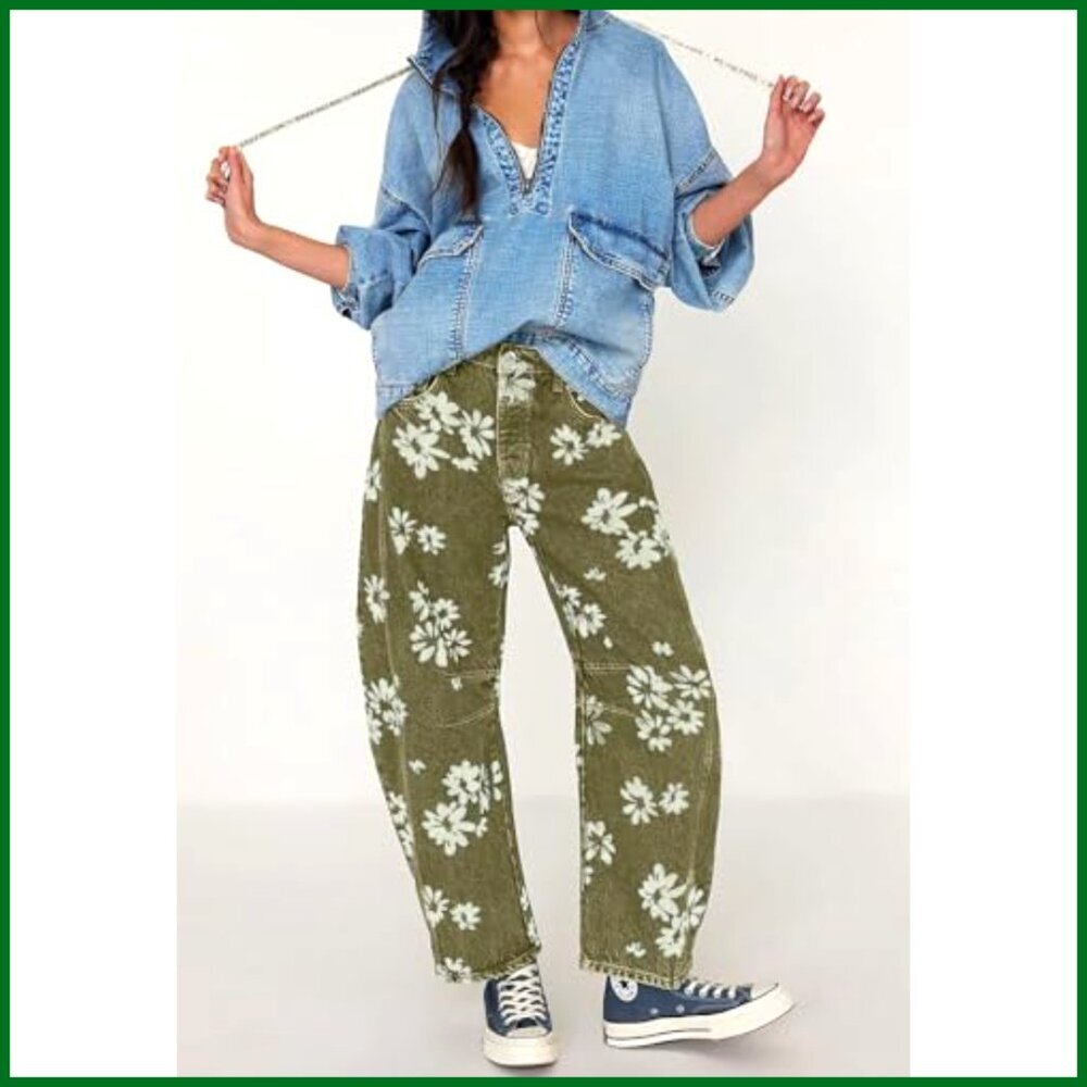 Distressed Barrel Jeans Baggy Wide Leg Floral Printed Patchwork Denim Pants - Picture 4 of 7